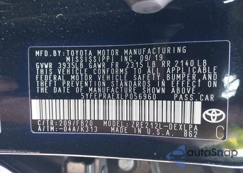 2020 Toyota Corolla Le z USA, uszkodzony, nr VIN 5YFEPRAEXLP056960